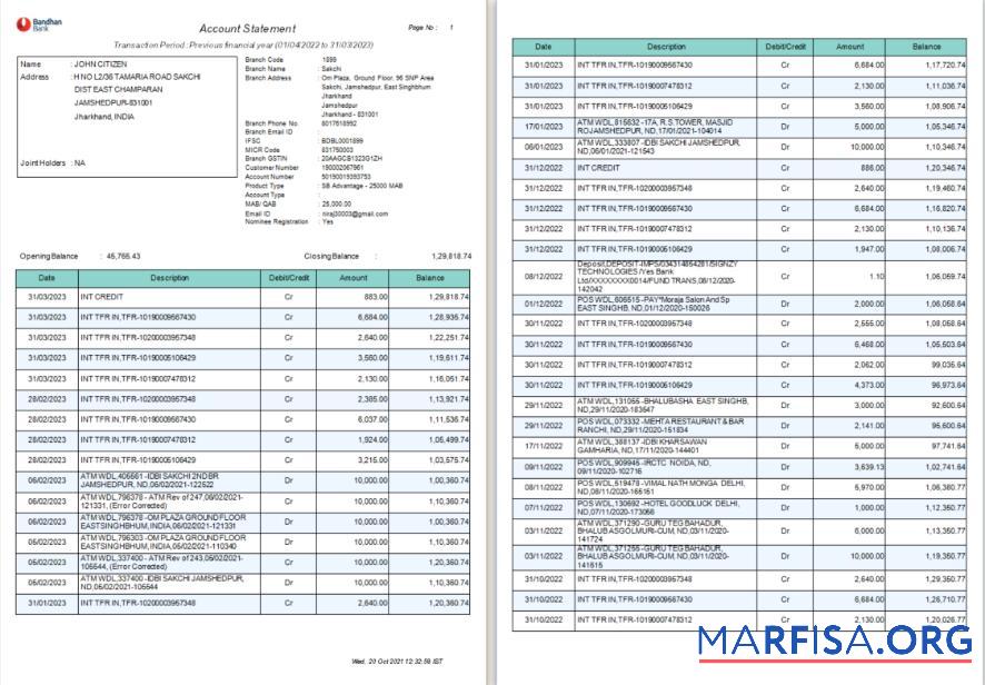 Realistic India Bandhan bank statement word 4 pages download for verification
